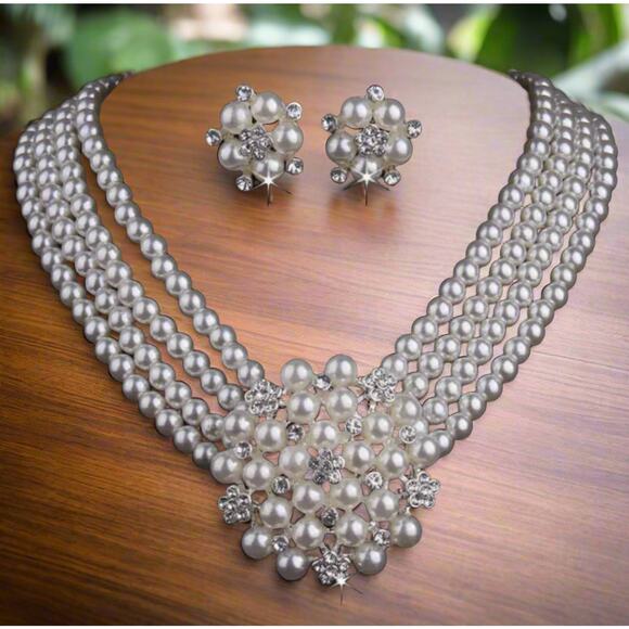 Classy clip on silver four strand white pearl cluster necklace and earring set - Picture 1 of 4